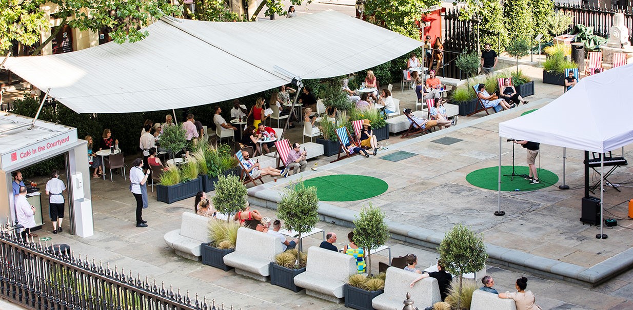 Vibrant outdoor event space at St Martin-in-the-Fields, ideal for networking and gatherings.