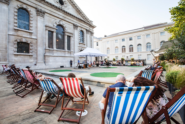 Stylish outdoor event space with deck chairs at St Martin-in-the-Fields for summer parties.