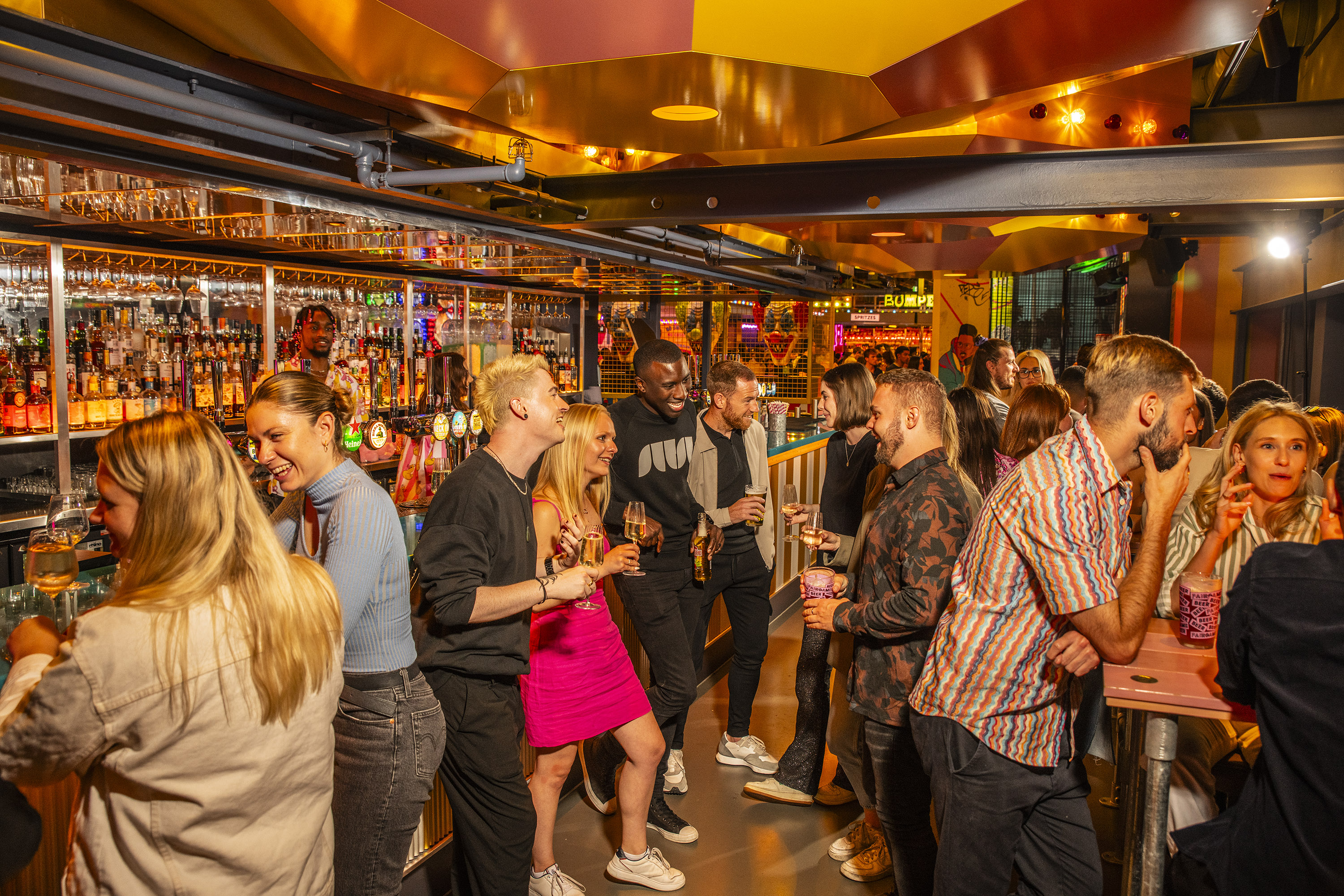 Vibrant carousel bar scene, perfect for networking events and casual meet-ups.