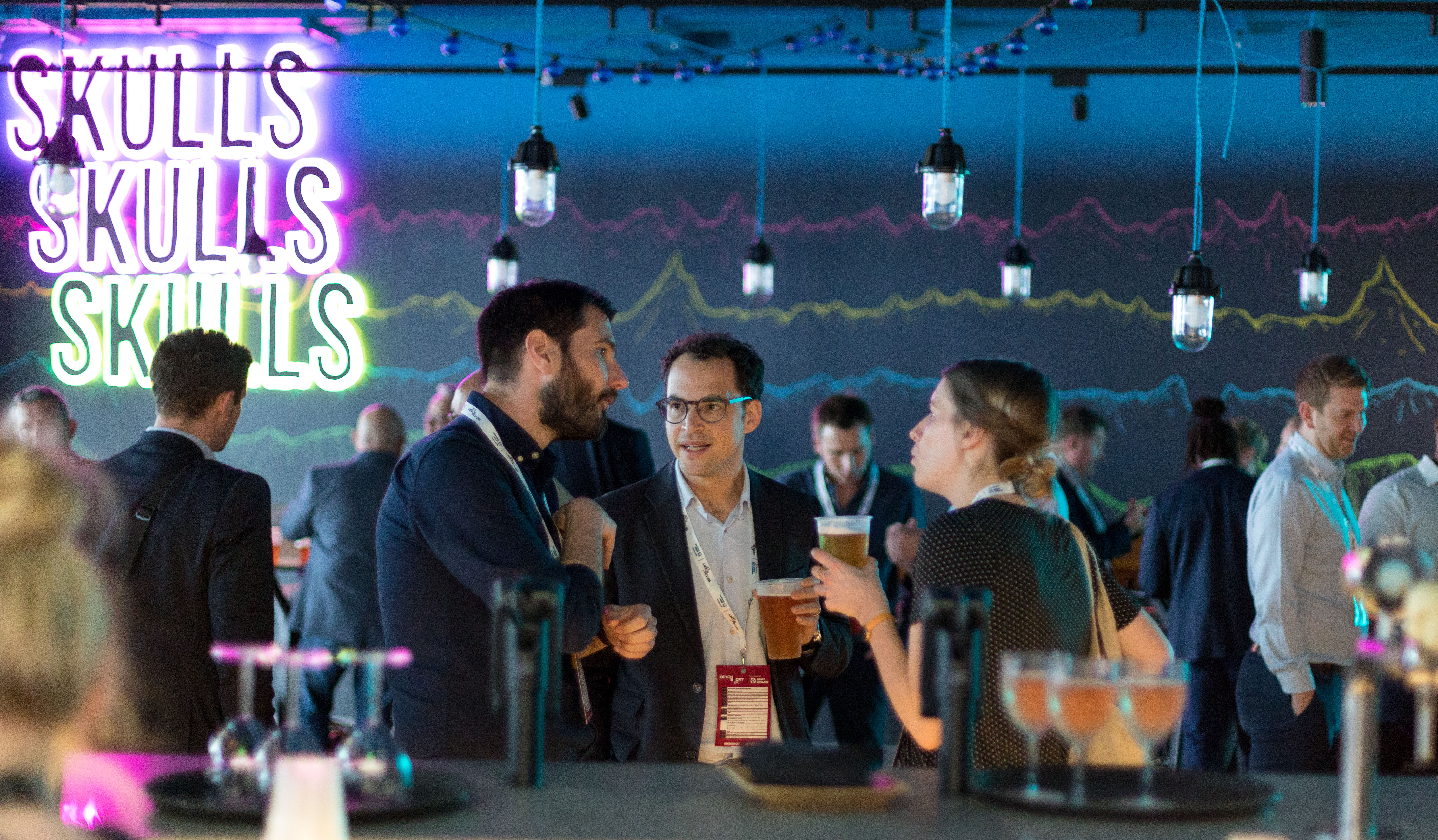 Beavertown Taproom networking event at Tottenham Hotspur Stadium, modern decor, collaborative atmosphere.