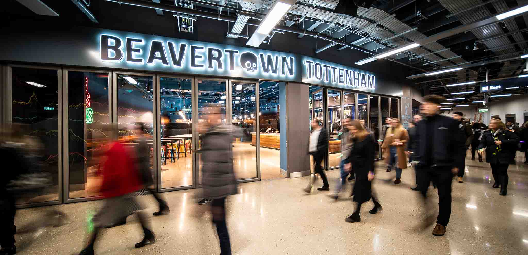 Beavertown Taproom at Tottenham Hotspur Stadium, modern venue for vibrant gatherings.