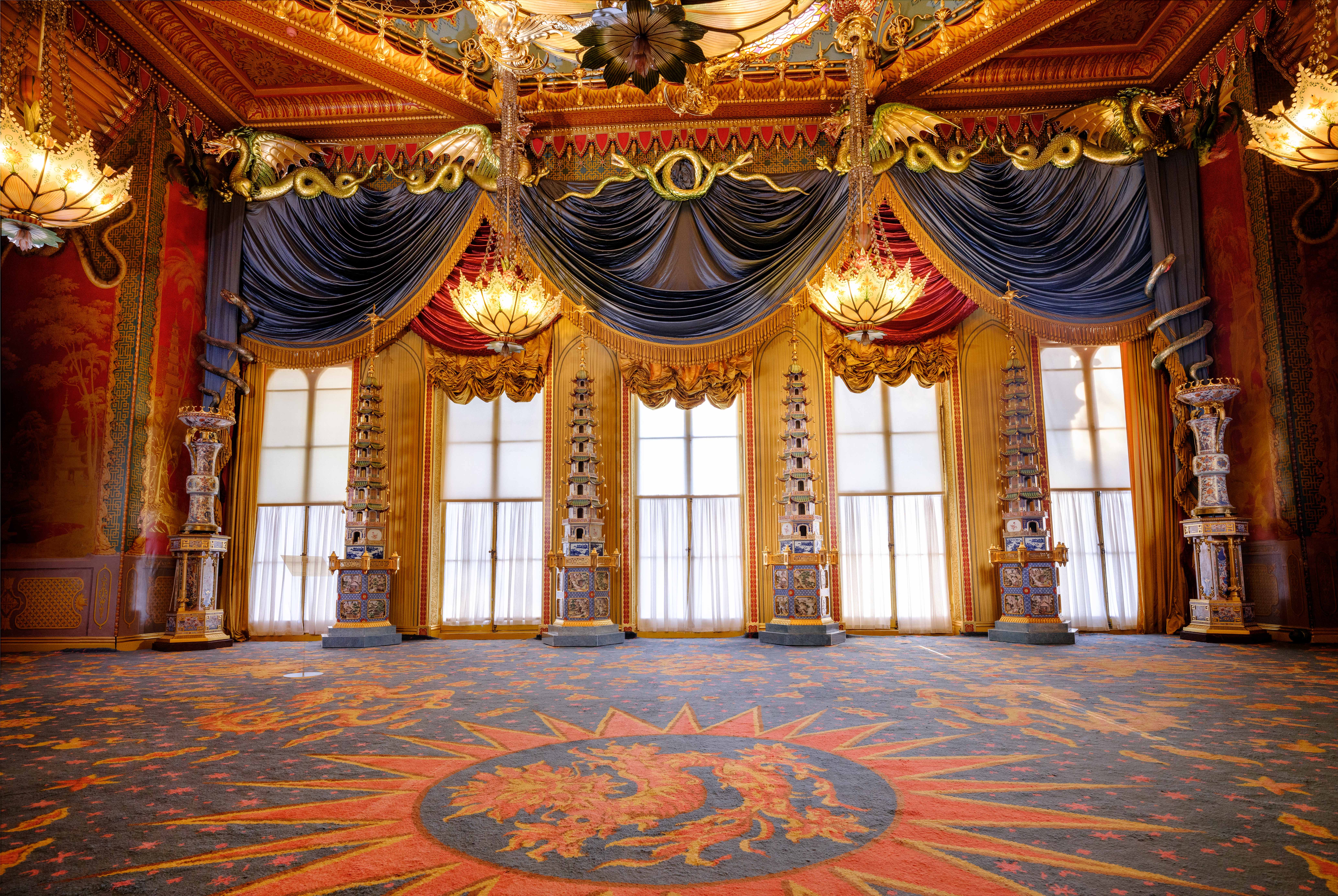 Opulent Music Room in Royal Pavilion, ideal for lavish events and meetings.