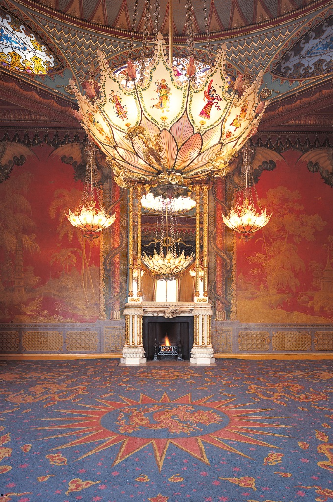 Opulent Royal Pavilion Music Room with grand chandelier, ideal for weddings and galas.