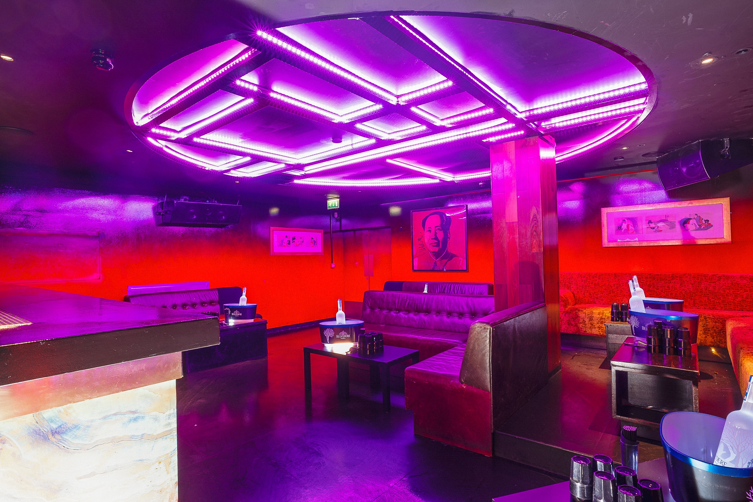 Mao Rooms at Chinawhite: vibrant nightlife venue with bold purple and red lighting.