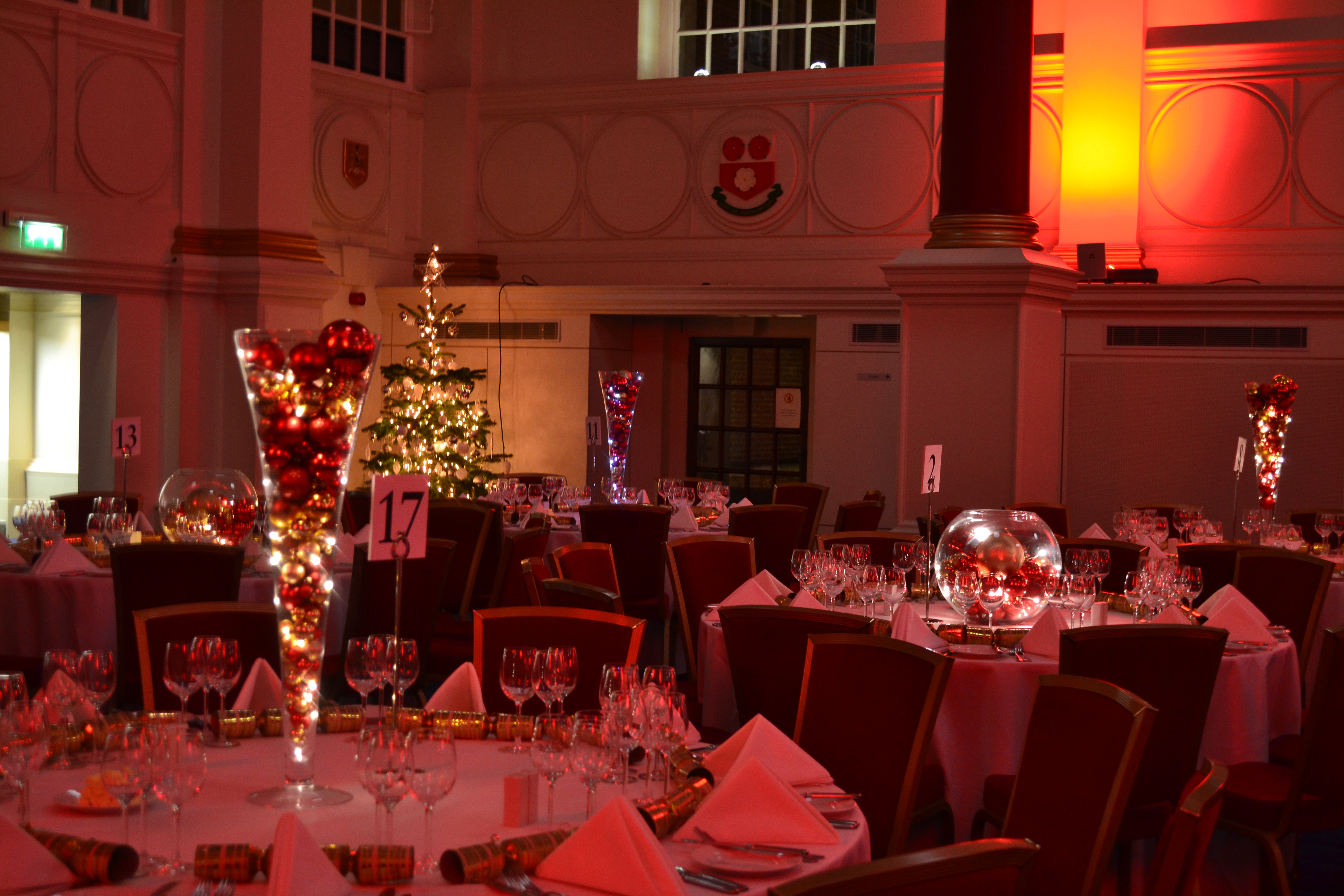 Elegant banquet hall with Christmas tree, perfect for holiday parties and corporate events.
