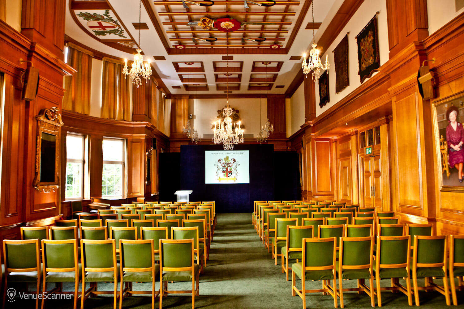 Great Hall at Barber-Surgeons’ Hall, elegant wooden paneling, ideal for conferences.