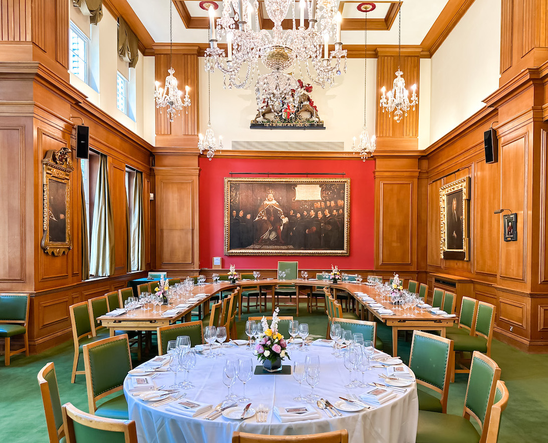 Great Hall at Barber-Surgeons’ Hall, elegant wooden paneling, corporate events venue.