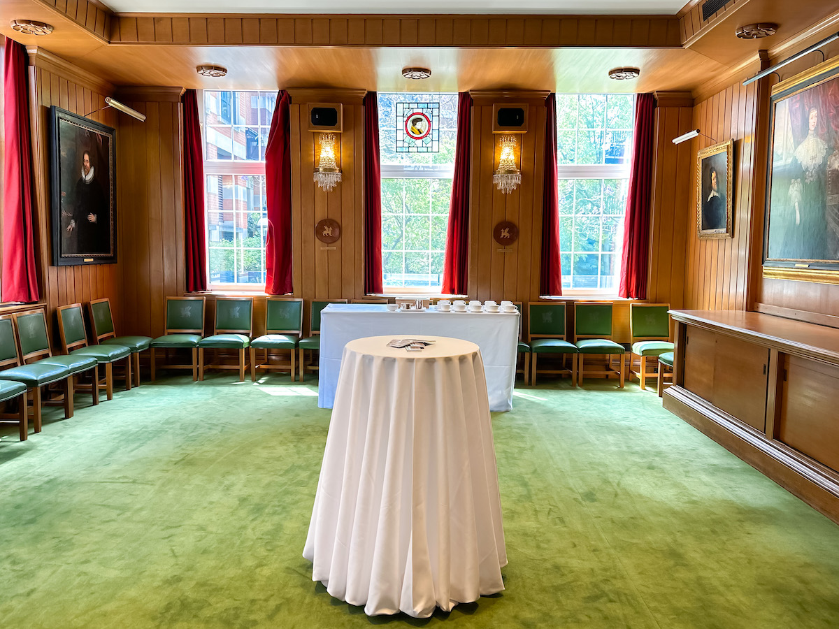 Reception Room at Barber-Surgeons’ Hall with wooden paneling, ideal for conferences and workshops.