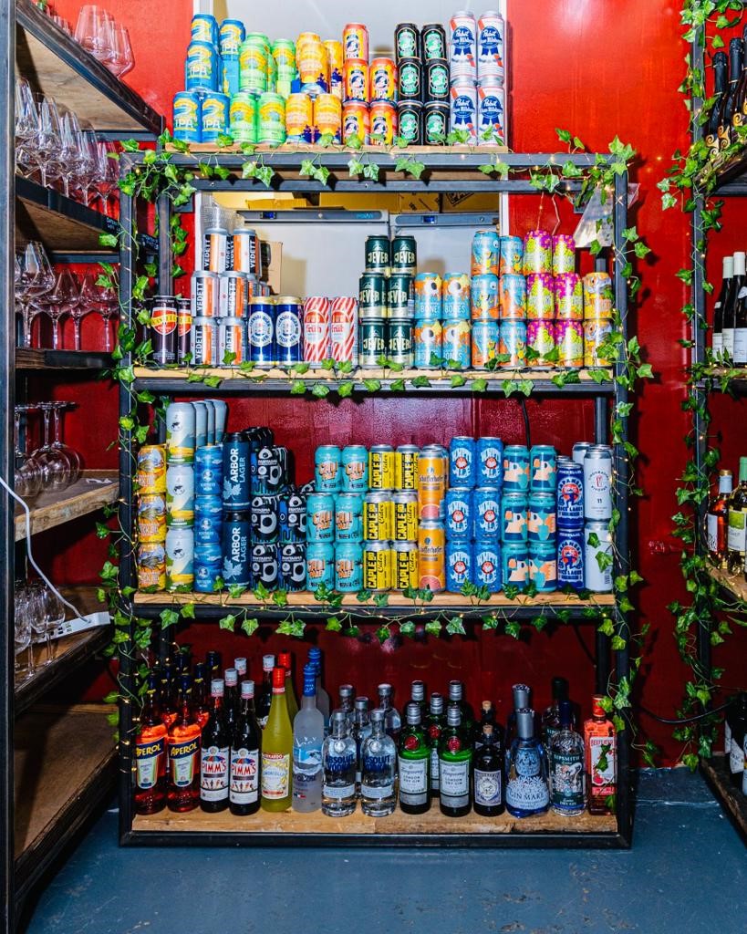 Vibrant beverage display at Maltby Street Wine House for events and gatherings.