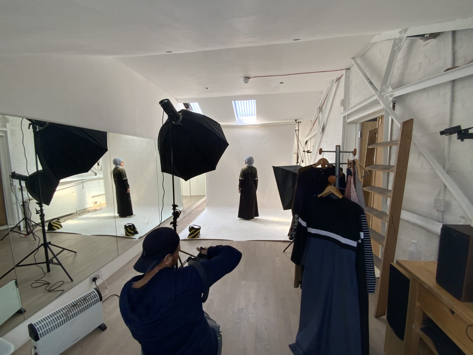 Professional fashion photography setup in Hone Movement dance studio for brand content creation.