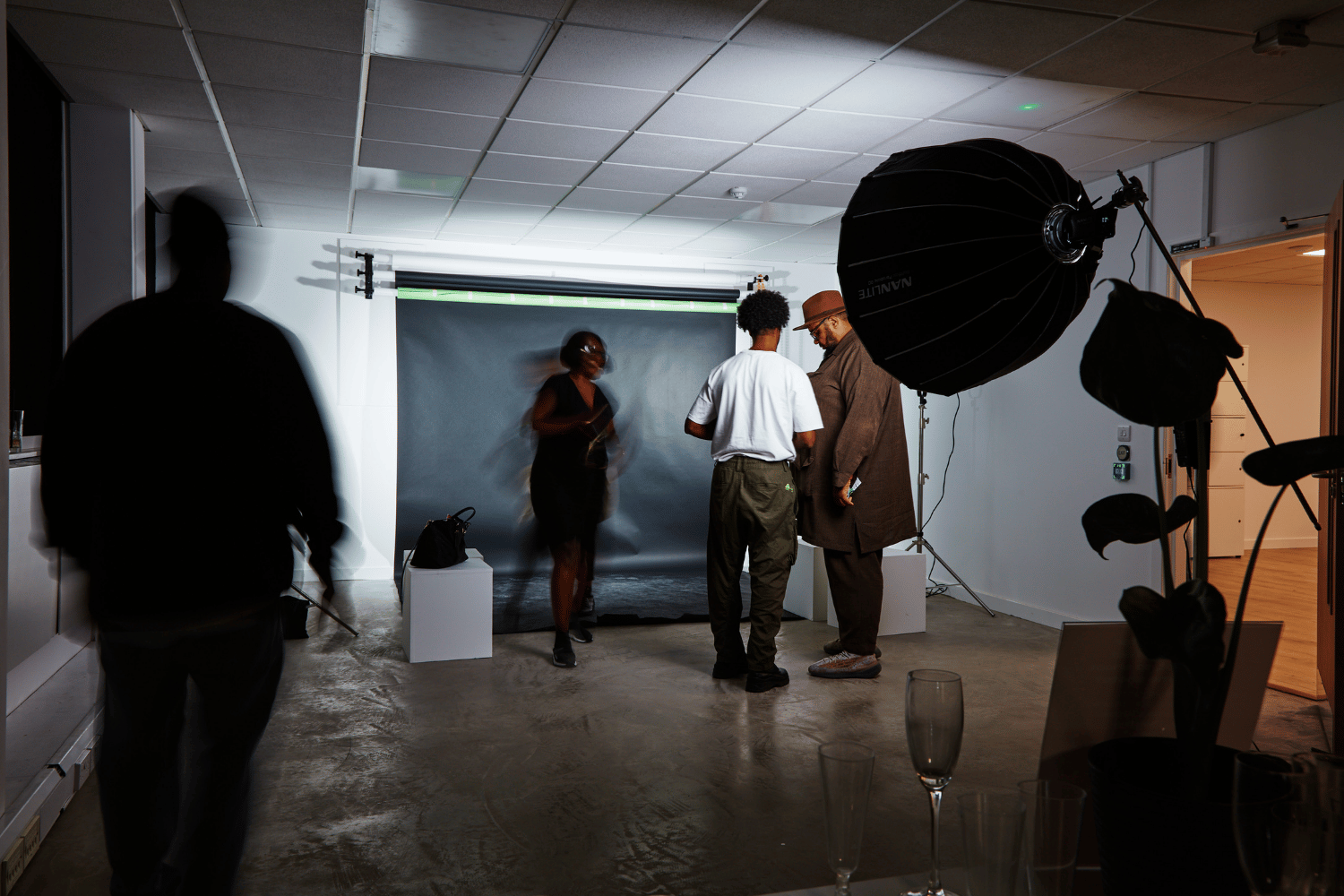 Photography studio event setup with backdrop and lighting for memorable moments.