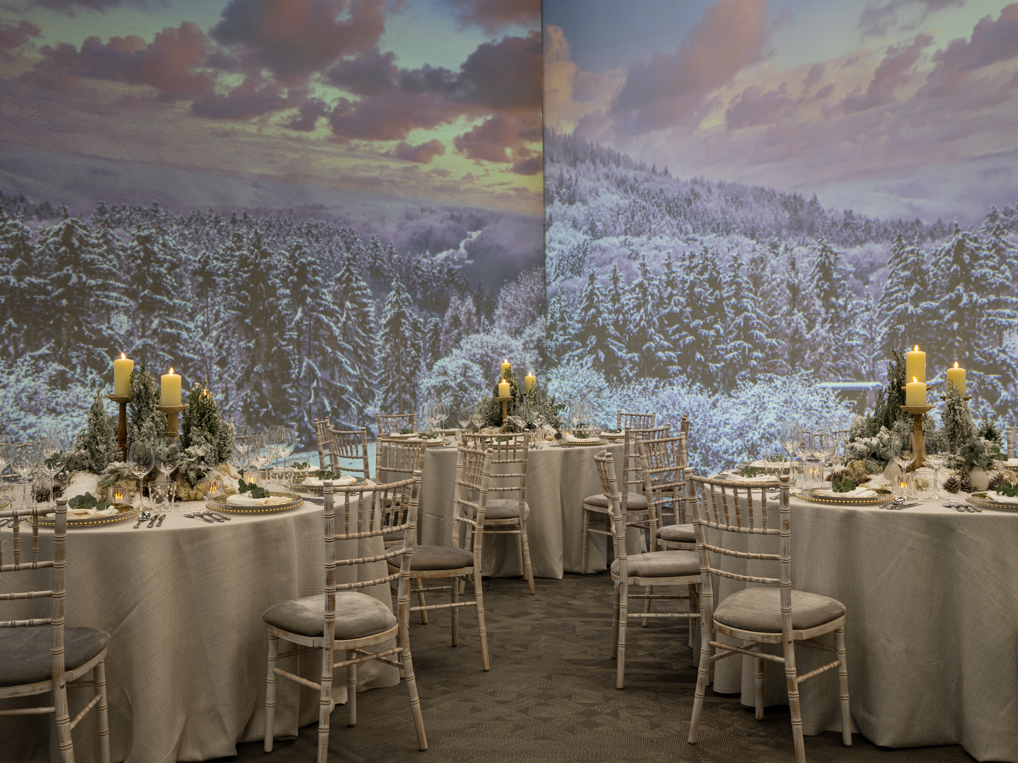 Elegant banquet space with winter projection for seasonal events and holiday gatherings.