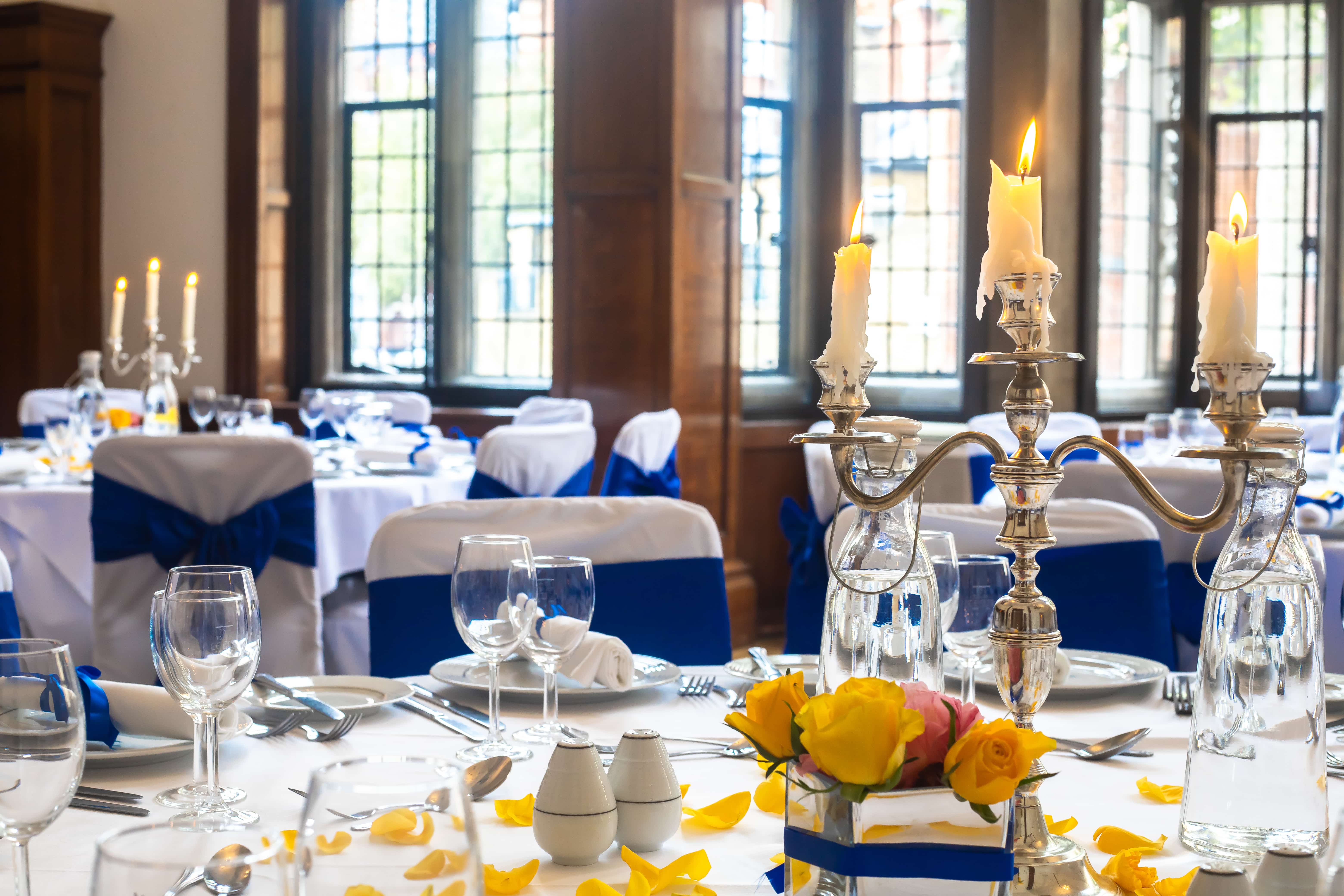 Wellington Suite banquet setup with candelabras for heritage weddings and corporate gala dinners.
