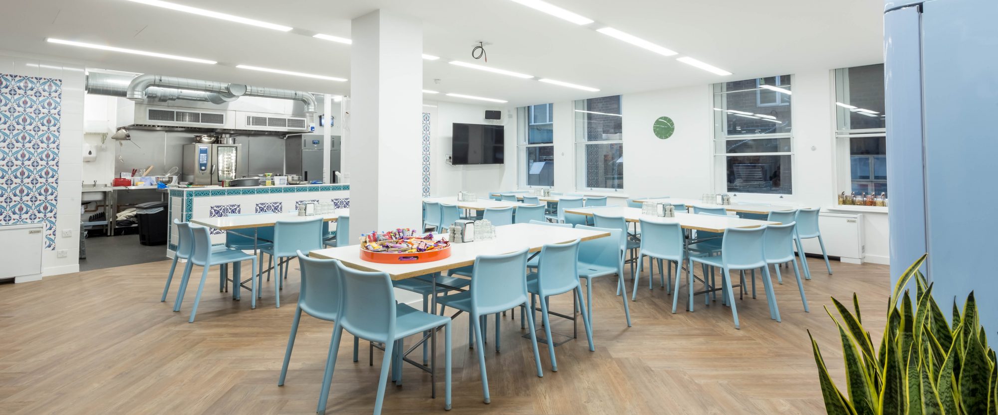 Modern event space with light blue chairs, ideal for workshops and networking.