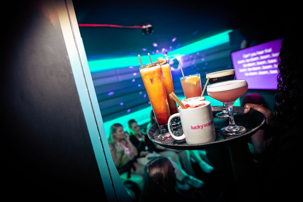 Vibrant cocktails at Lucky Voice Soho for networking and celebratory events.