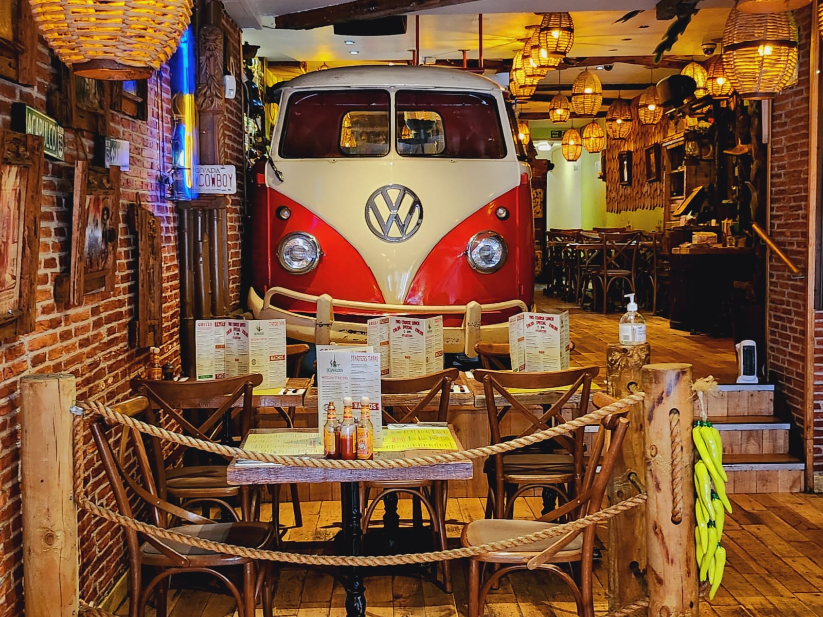 VW bus bar area in Desperados; vintage vibe for casual meetings and themed events.
