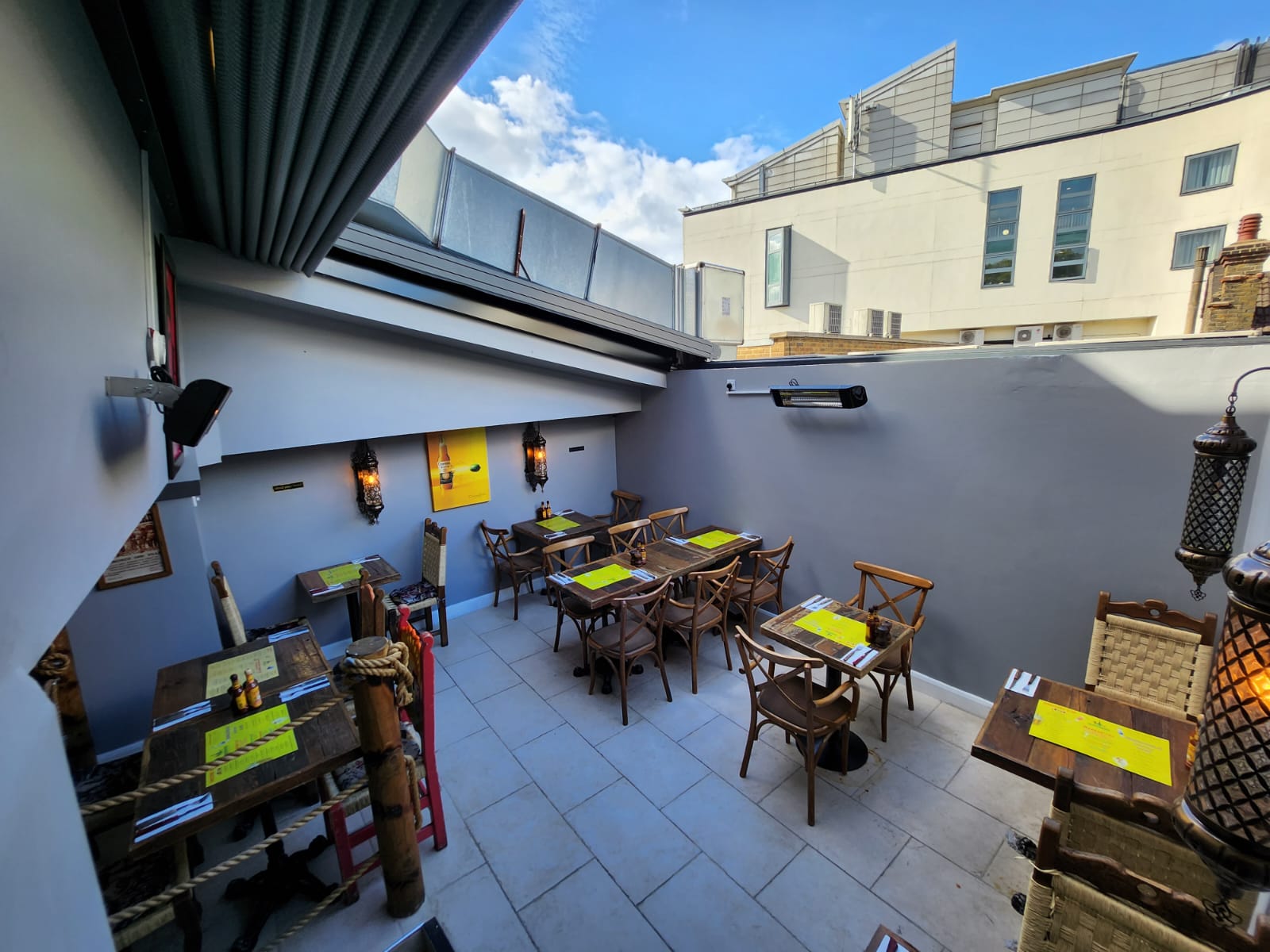 Vibrant outdoor dining space at Terrace in Desperados for casual events and meetings.