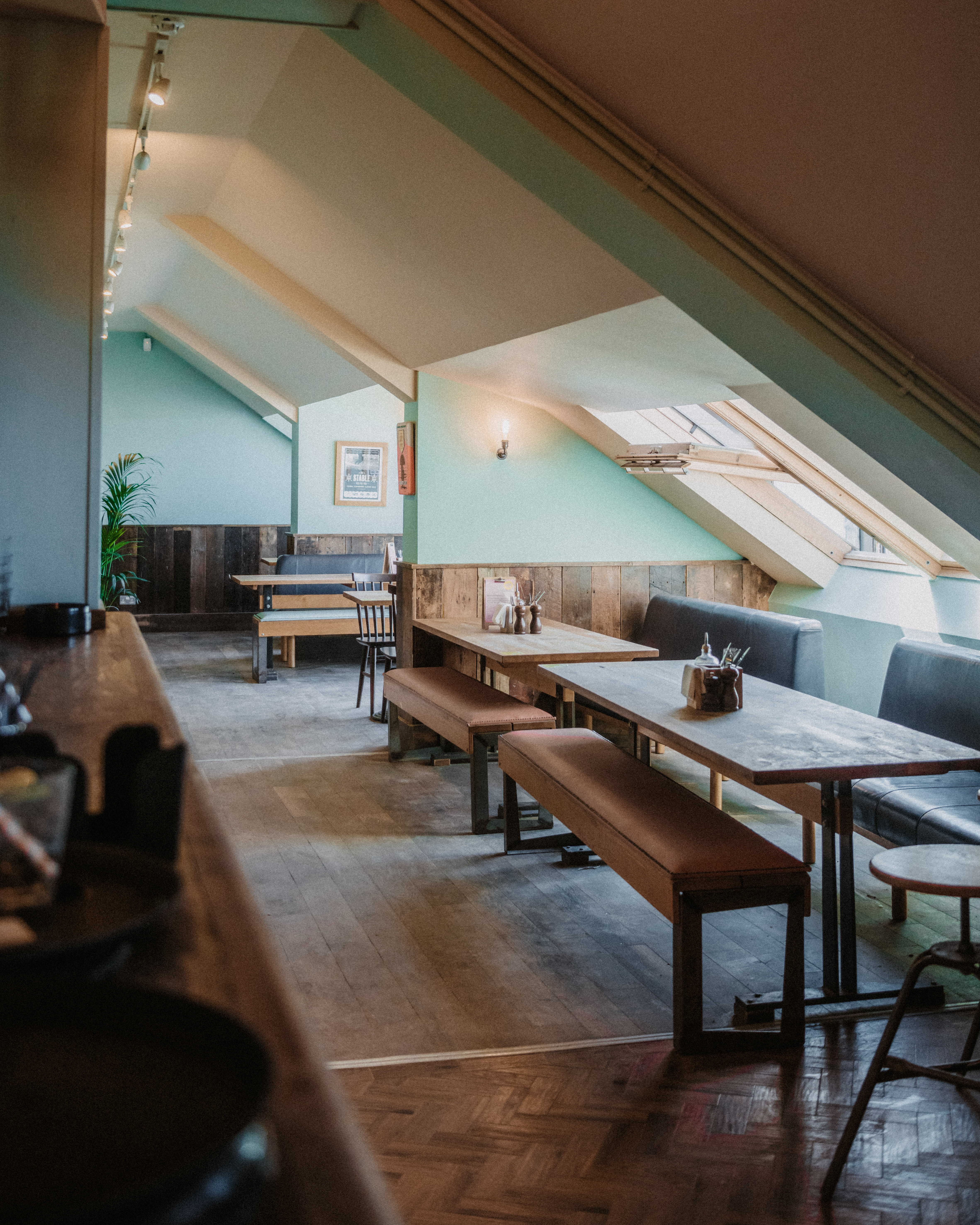 Modern event space with skylights for versatile meetings and gatherings.