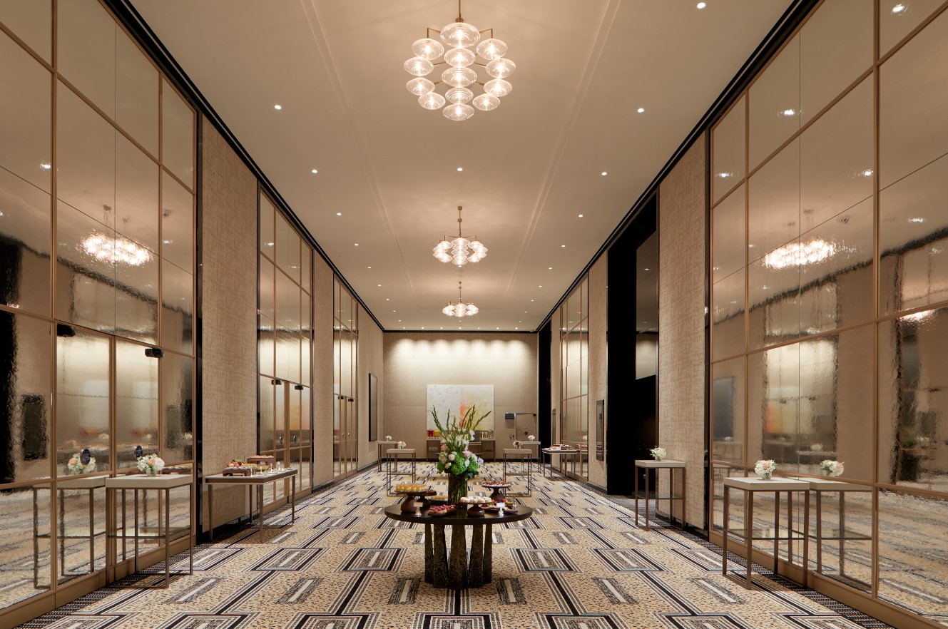 Elegant event space at The Peninsula London with chandeliers, ideal for receptions and gatherings.