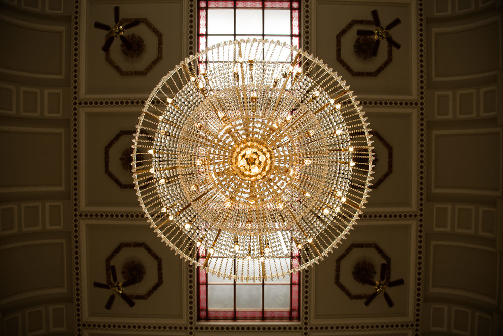 Elegant chandelier in Grand Station venue, ideal for upscale weddings and events.