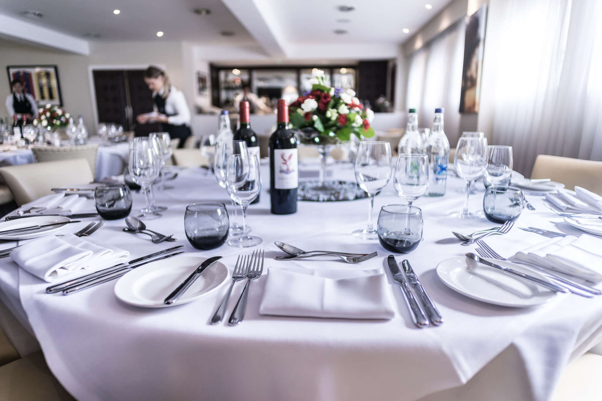 Elegant dining setup at Crystal Palace for corporate events and formal dinners.