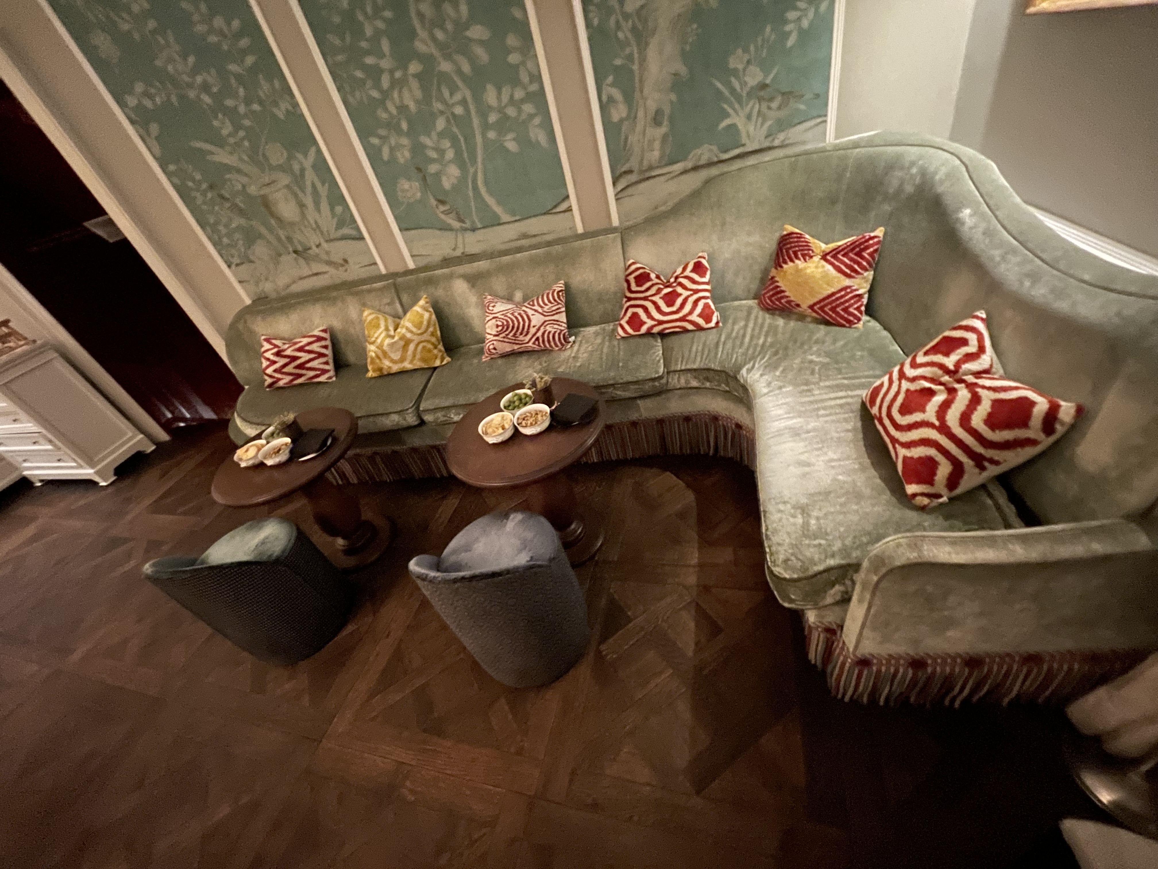 Stylish lounge with curved sofa, ideal for networking events at No. Fifty Cheyne.