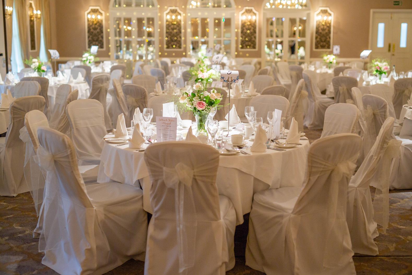 Elegant banquet hall at Moor Hall Hotel, ideal for weddings and formal events.