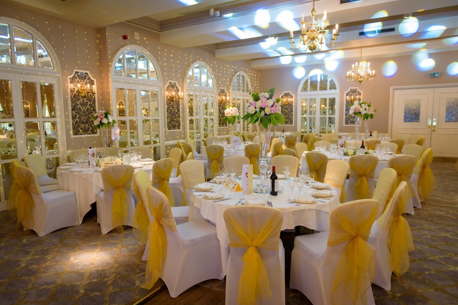 Elegant banquet hall at Moor Hall Hotel, ideal for weddings and formal events.
