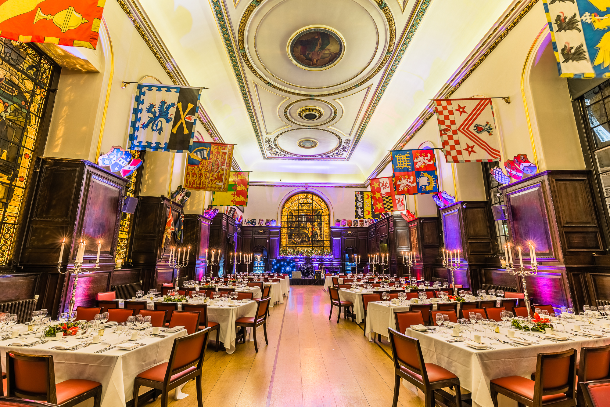 Elegant banquet hall at Stationers' Hall, perfect for Christmas gala dinners and weddings.