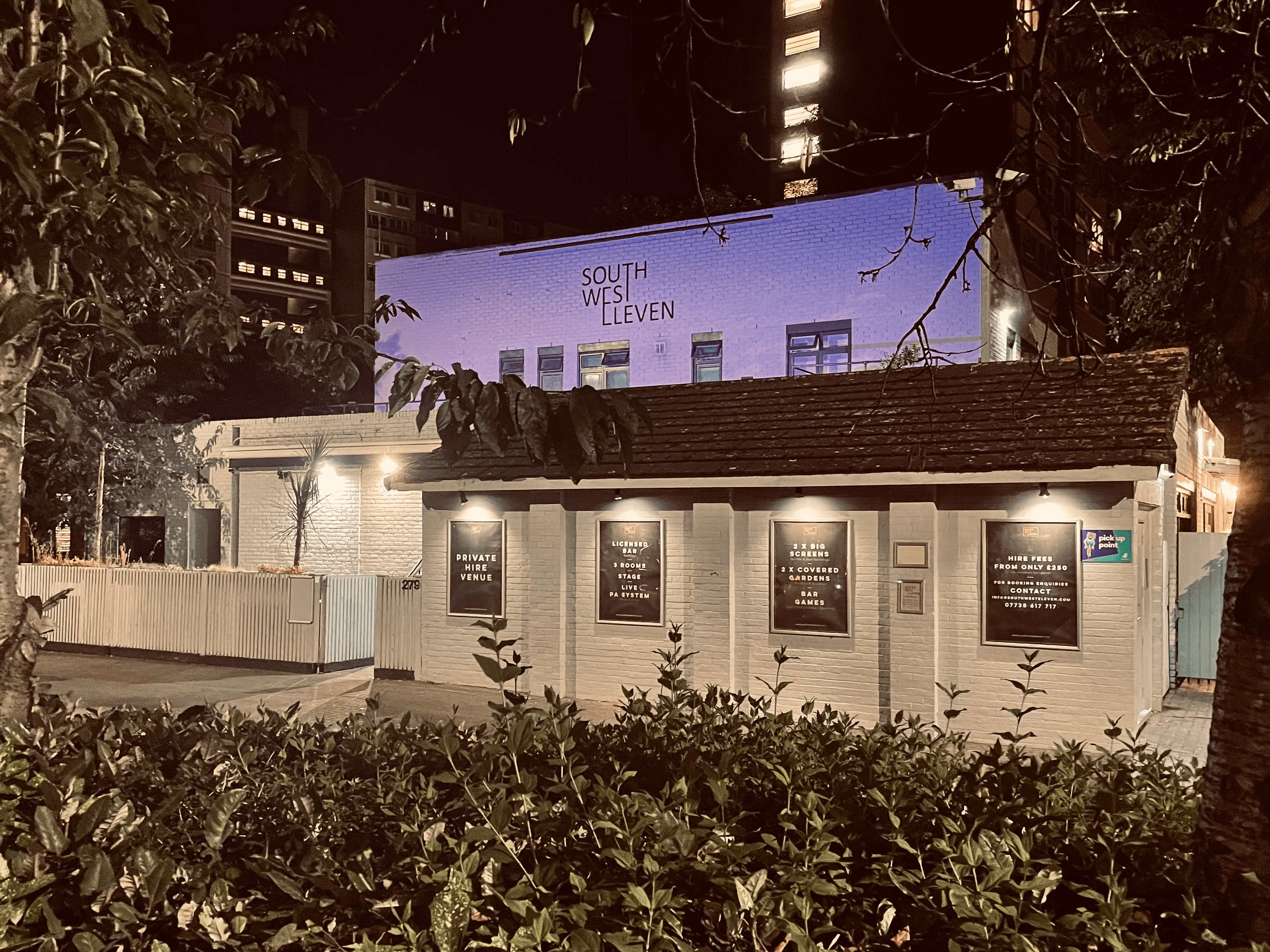 Charming South West Eleven venue at night, perfect for intimate gatherings and events.