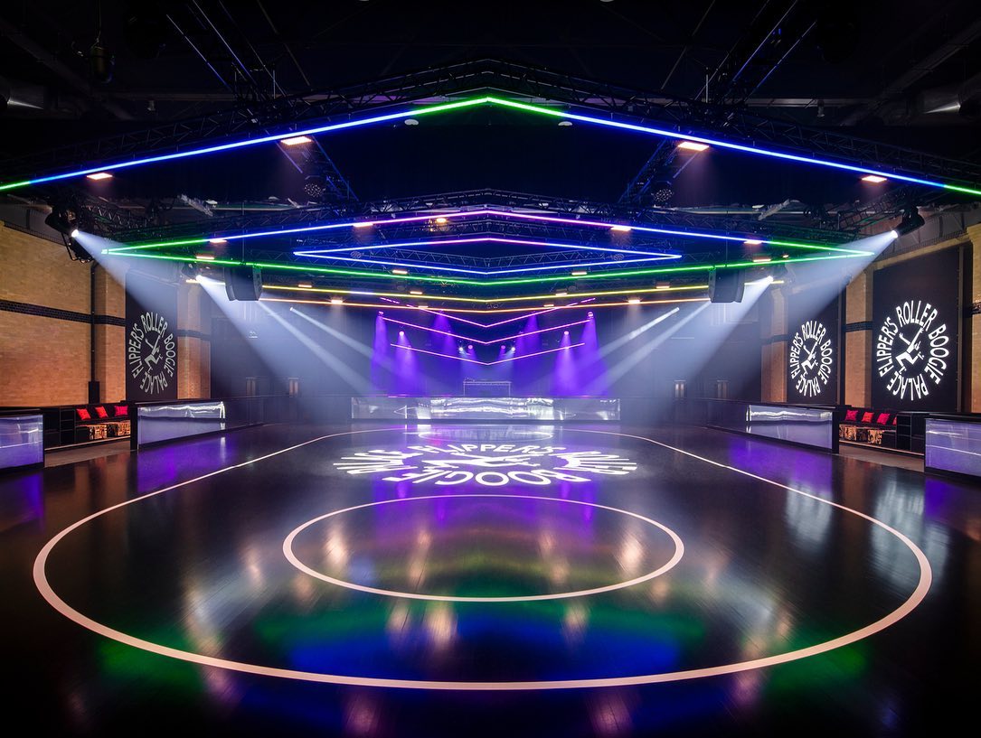 Flippers Roller Boogie Palace with vibrant dance floor for events and celebrations.