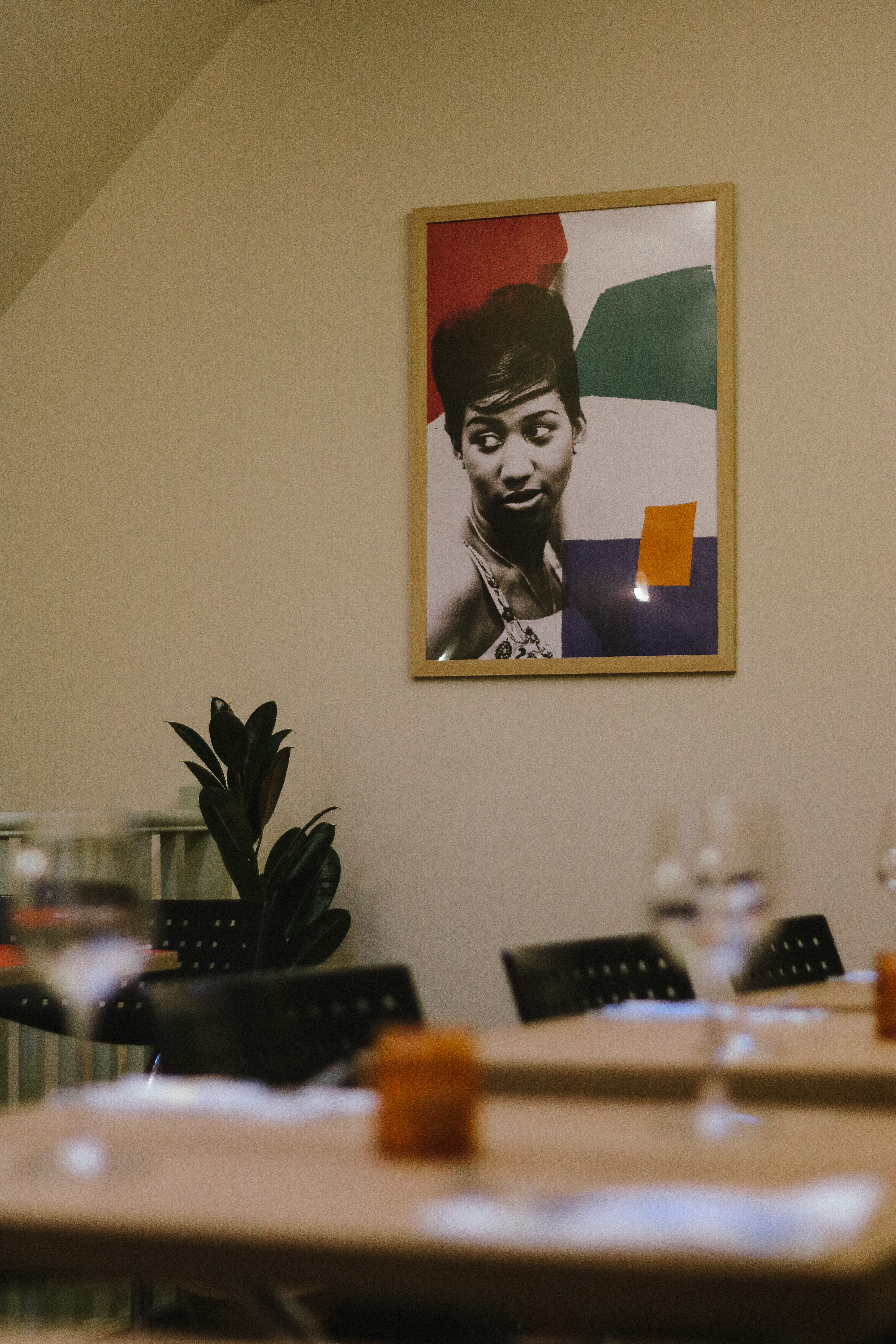 Private dining room with vibrant artwork for creative meetings and events.