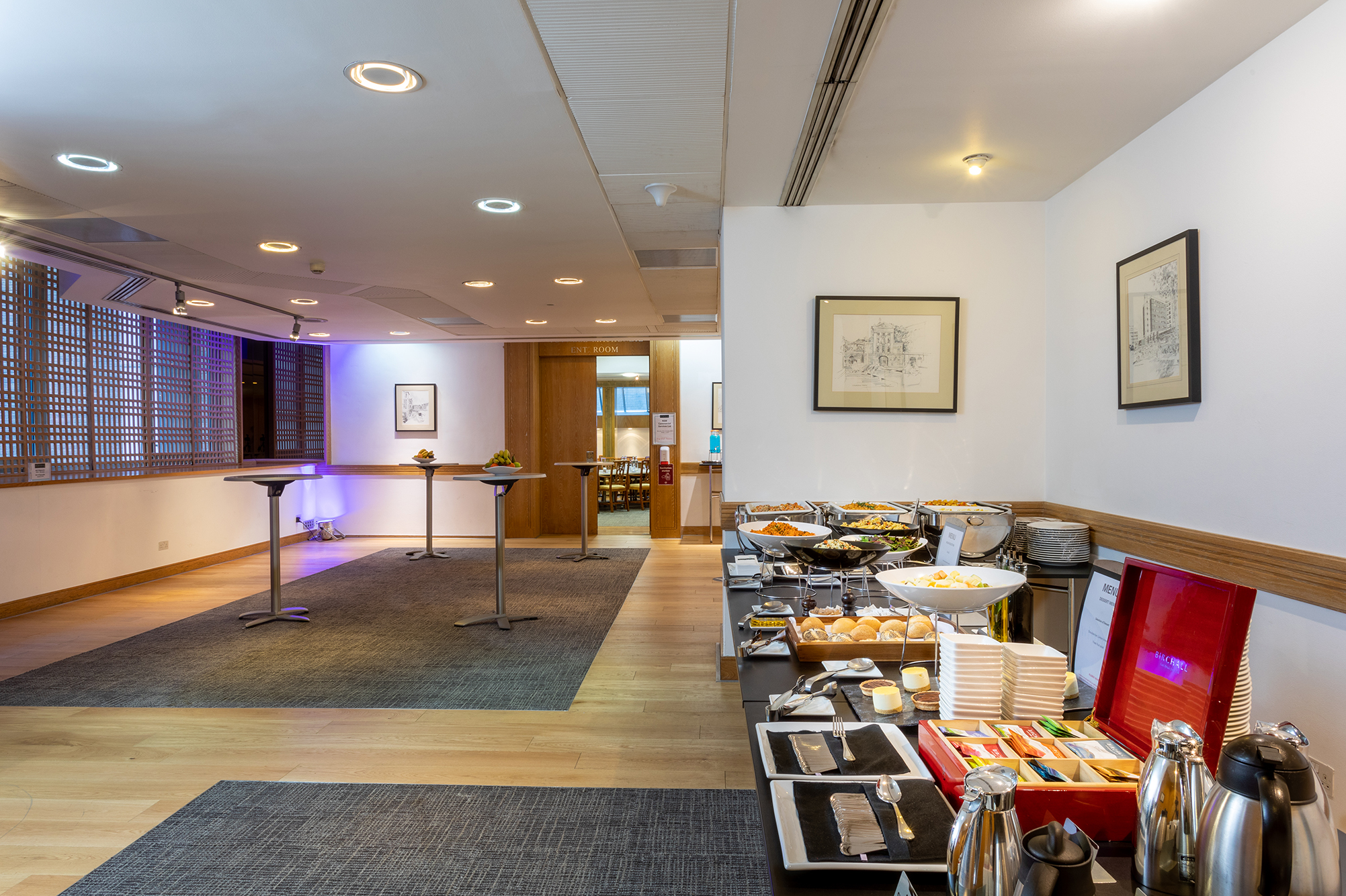 Max Rayne Foyer meeting space with buffet setup for networking events.
