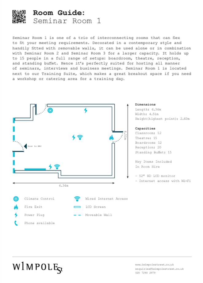 Seminar Suite floor plan at 1 Wimpole Street for workshops and training sessions.