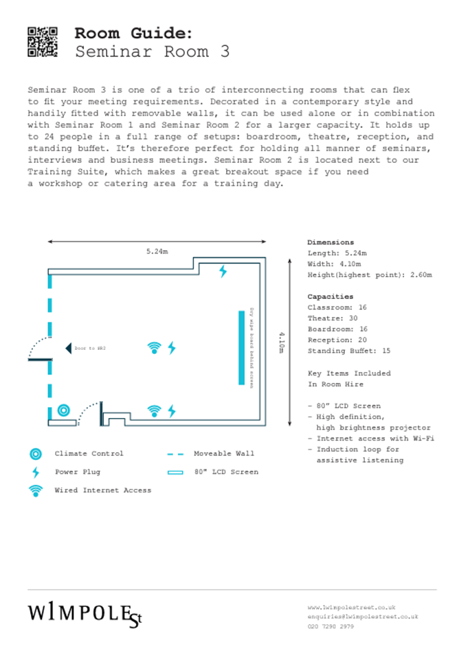 Seminar Suite floor plan at 1 Wimpole Street for workshops and training events.