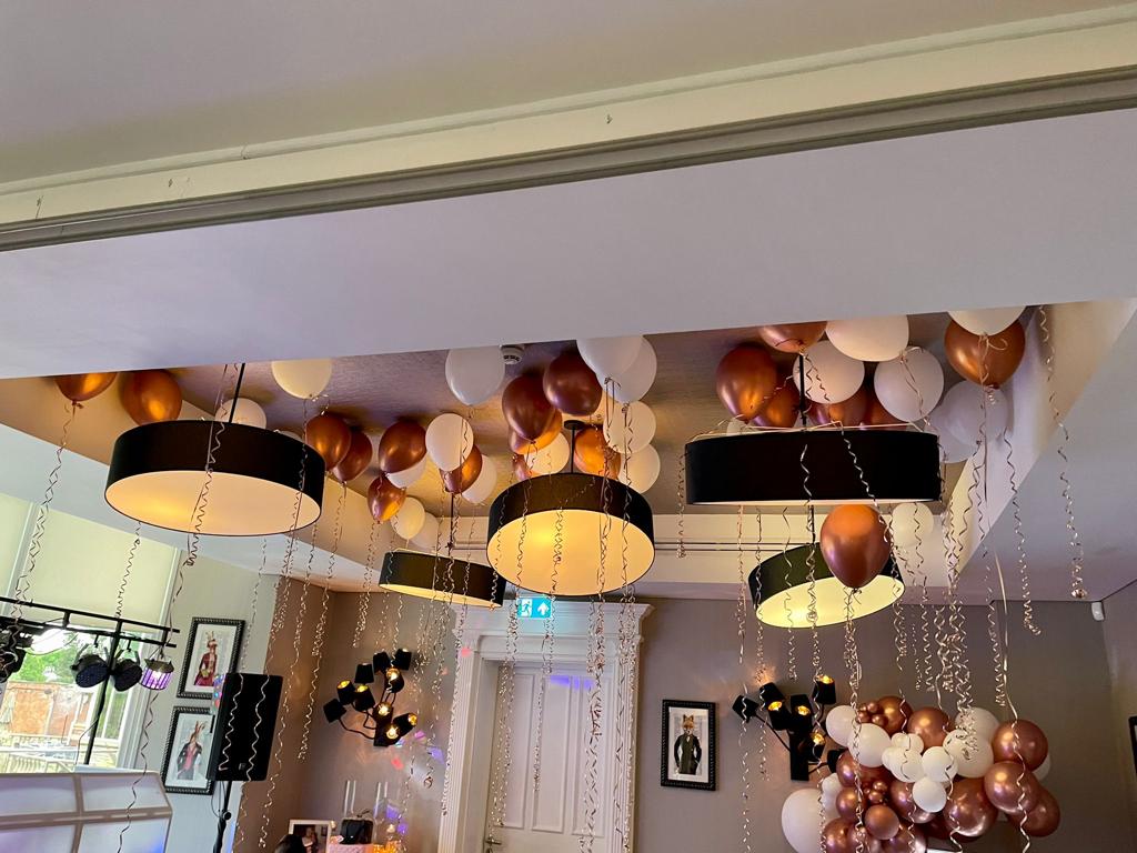 Elegant balloon installation in copper and white for weddings at Oddfellows On The Park.