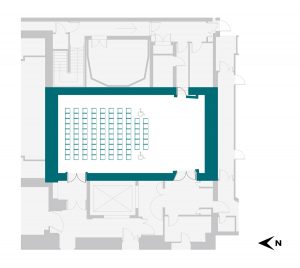 Performance Studio floor plan at Royal College of Music for workshops and presentations.