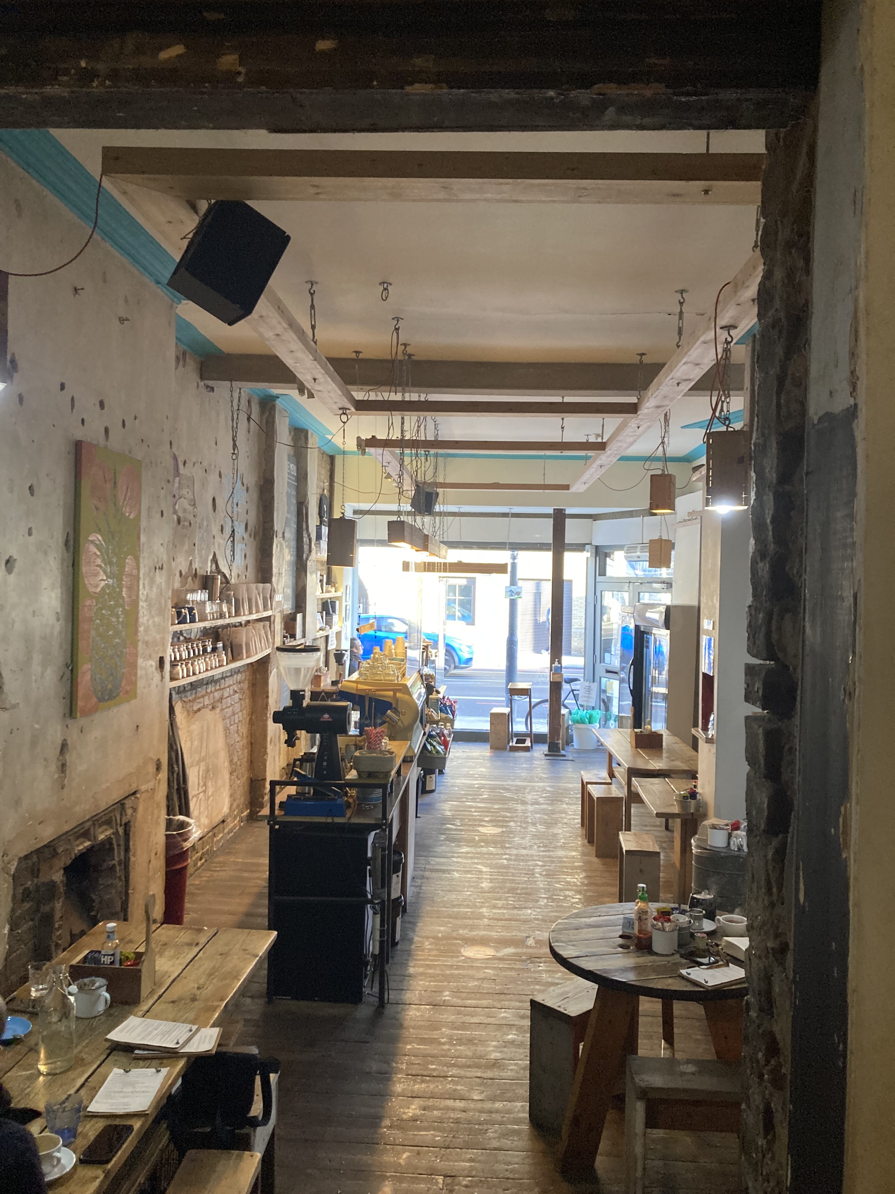 Vagabond Coffee event space with rustic charm, ideal for gatherings and workshops.