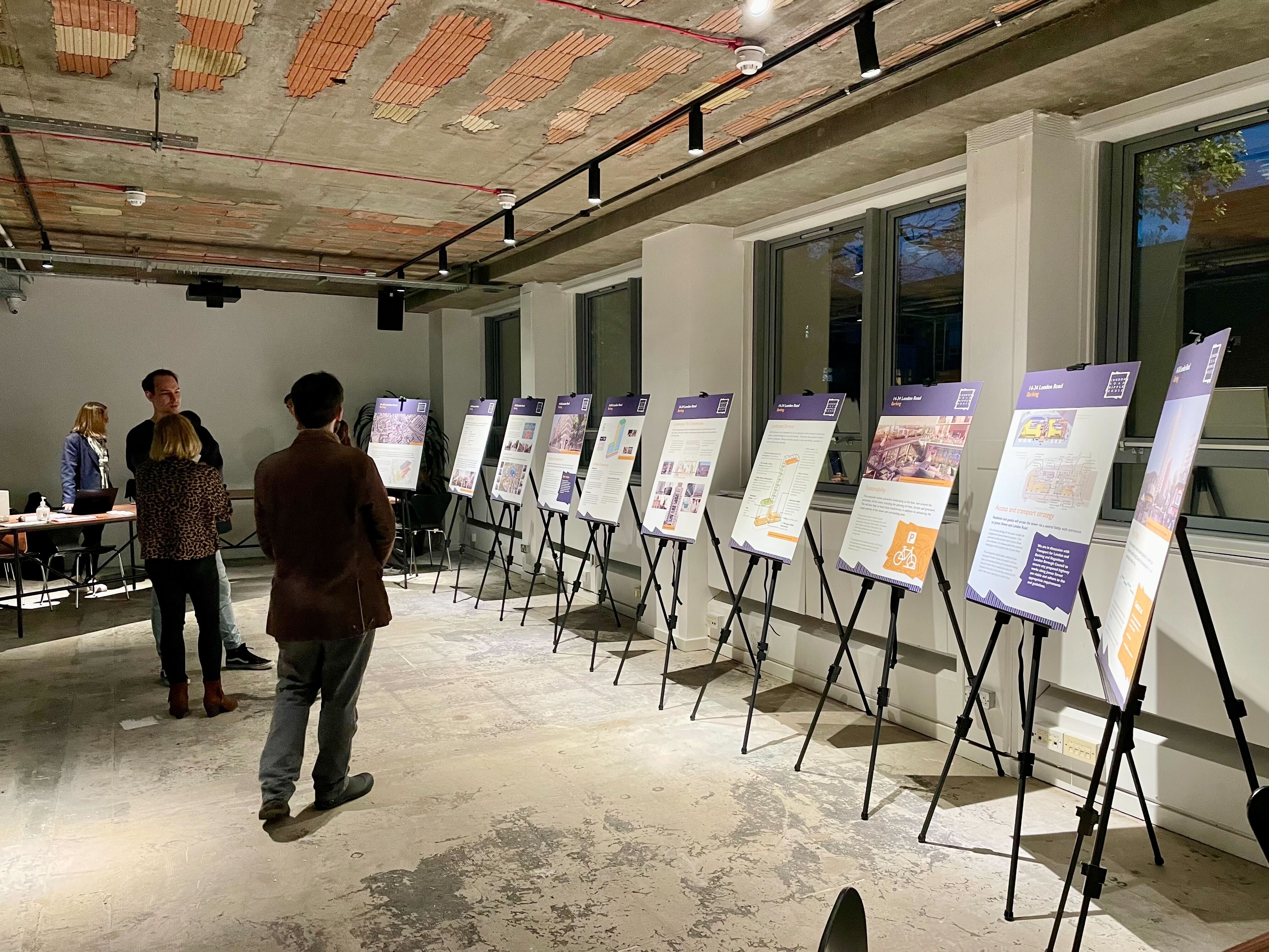 "FACTORY 15 event space with display boards for networking and exhibitions in Barking."