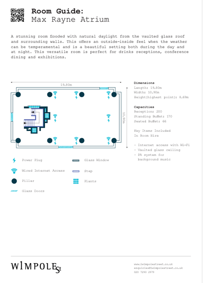 Max Rayne Atrium floor plan for meetings, featuring vaulted glass ceilings and Wi-Fi.