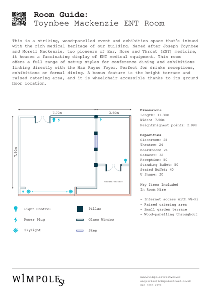 ENT Room floor plan at 1 Wimpole Street for meetings, featuring seating options and Wi-Fi.