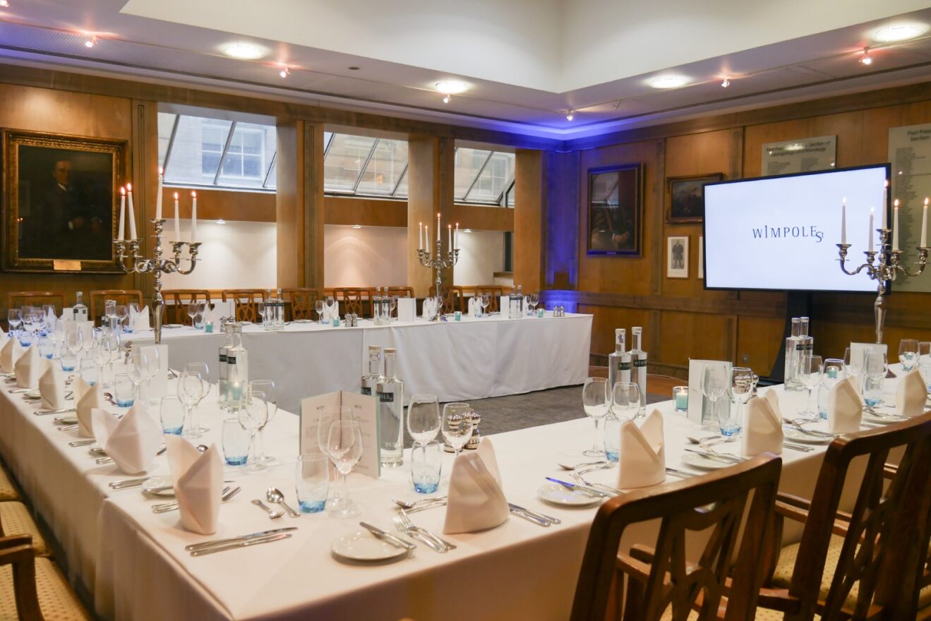 Elegant banquet setup in ENT Room, 1 Wimpole Street for corporate meetings and events.