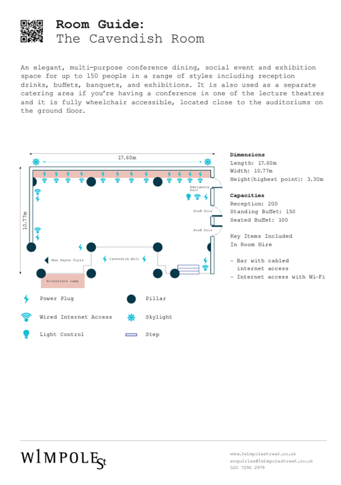 Cavendish Room floor plan at 1 Wimpole Street for events, featuring skylight and bar.