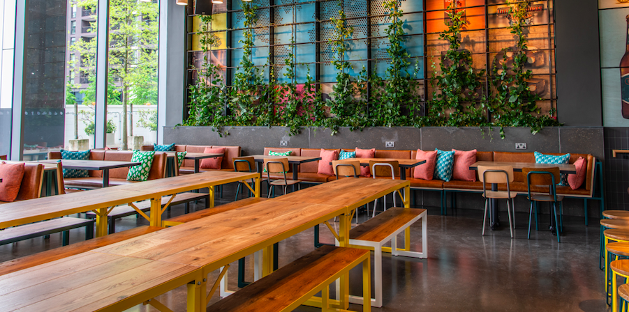 Vibrant event space with wooden tables and greenery, ideal for networking and meetings.