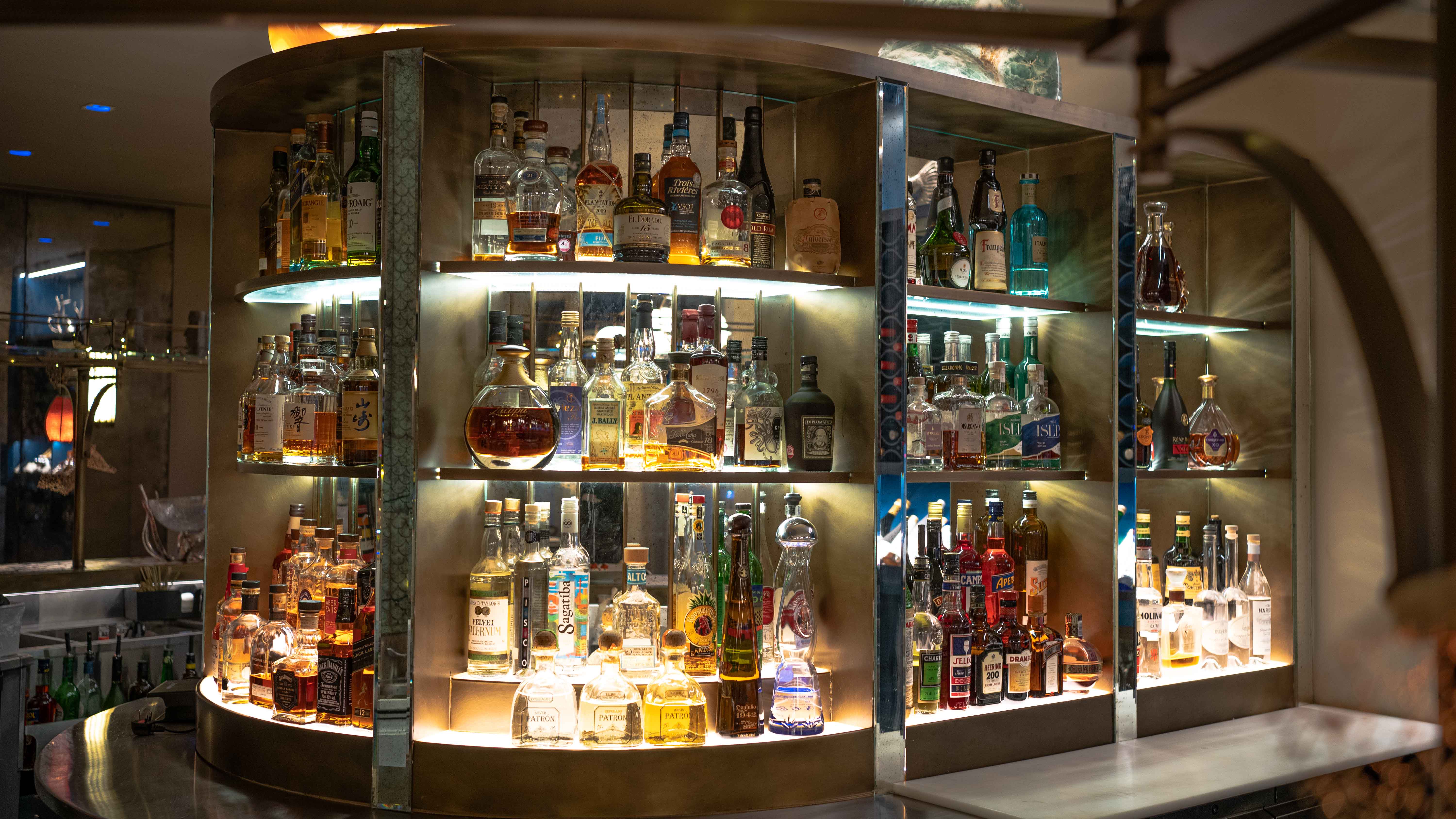 Whole Venue bar at Casa Matilde, showcasing diverse spirits for events and gatherings.