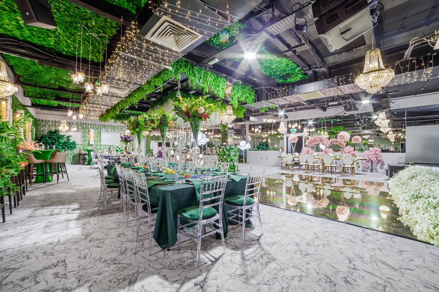 Crown Hill Lounge event space with moss ceiling for upscale gala or wedding venue.