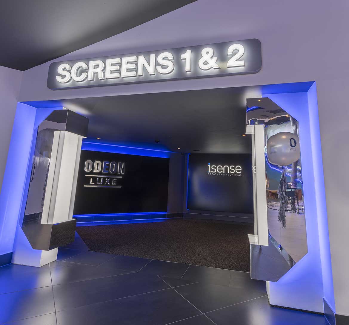 Modern cinema entrance at ODEON Luxe Birmingham for film screenings and events.