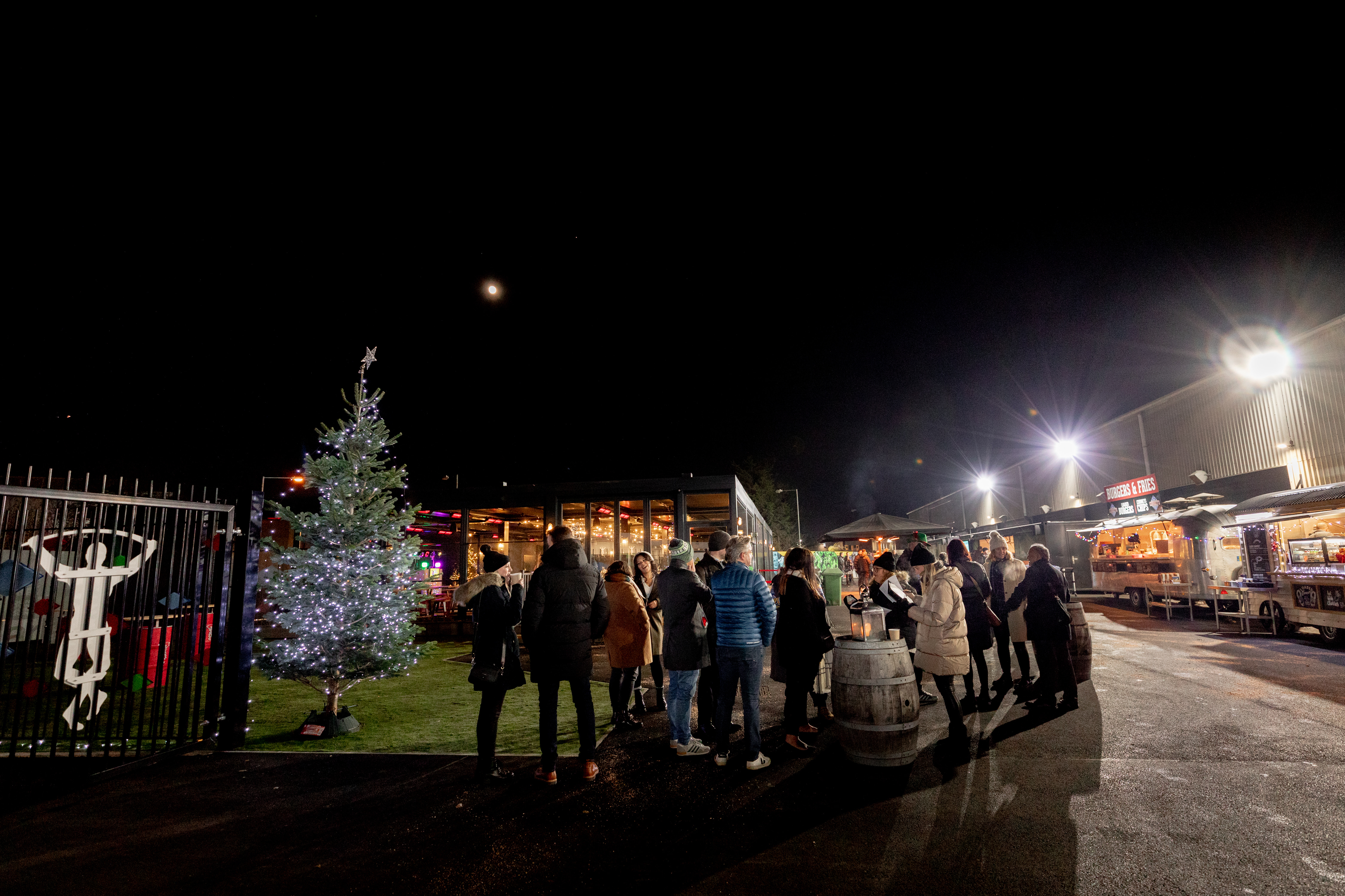 Outdoor event space at Twickenham Stoop Stadium with Christmas tree, ideal for holiday gatherings.