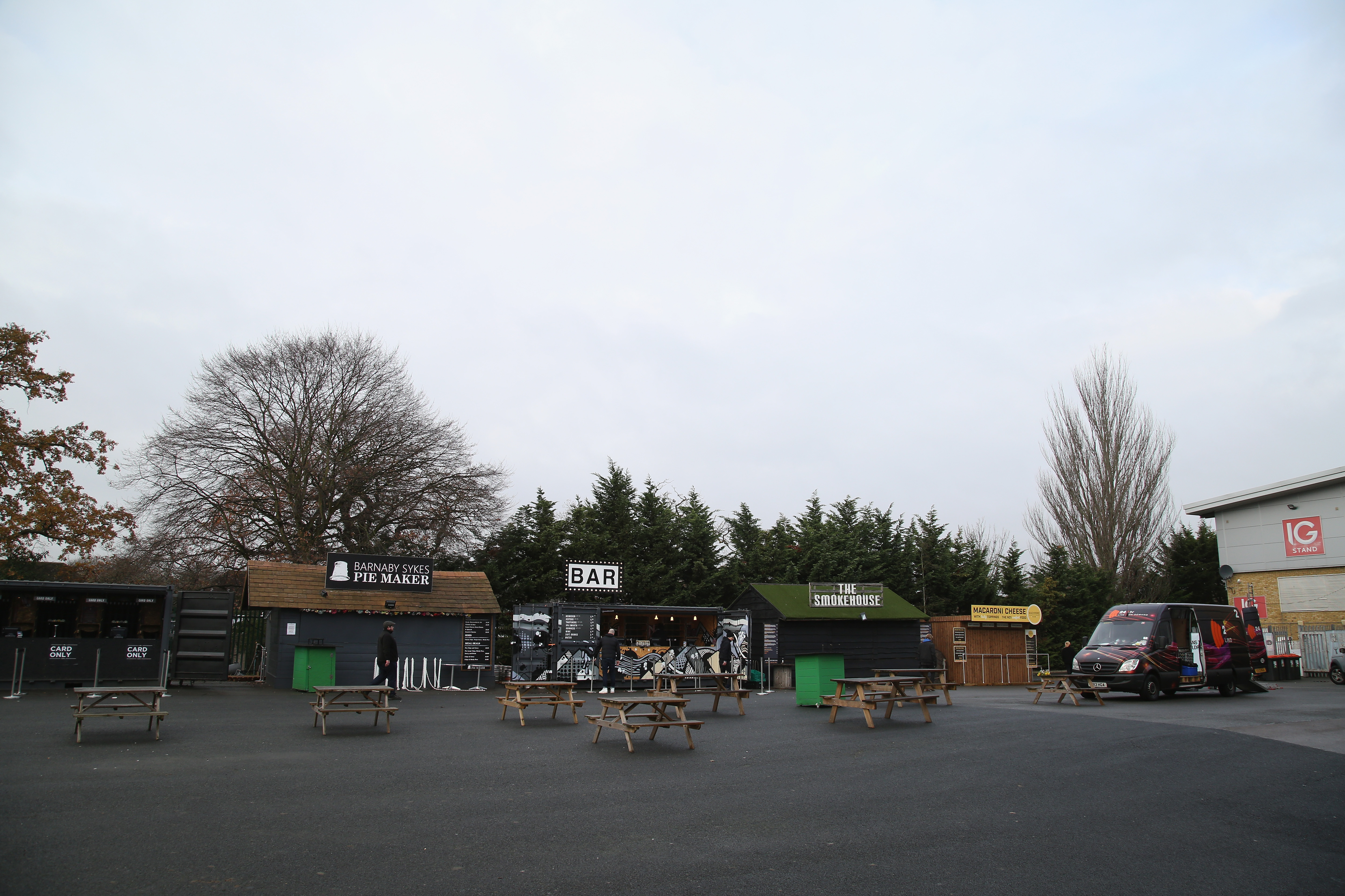 Outdoor event space at Twickenham Stoop Stadium with food stalls for festivals and gatherings.