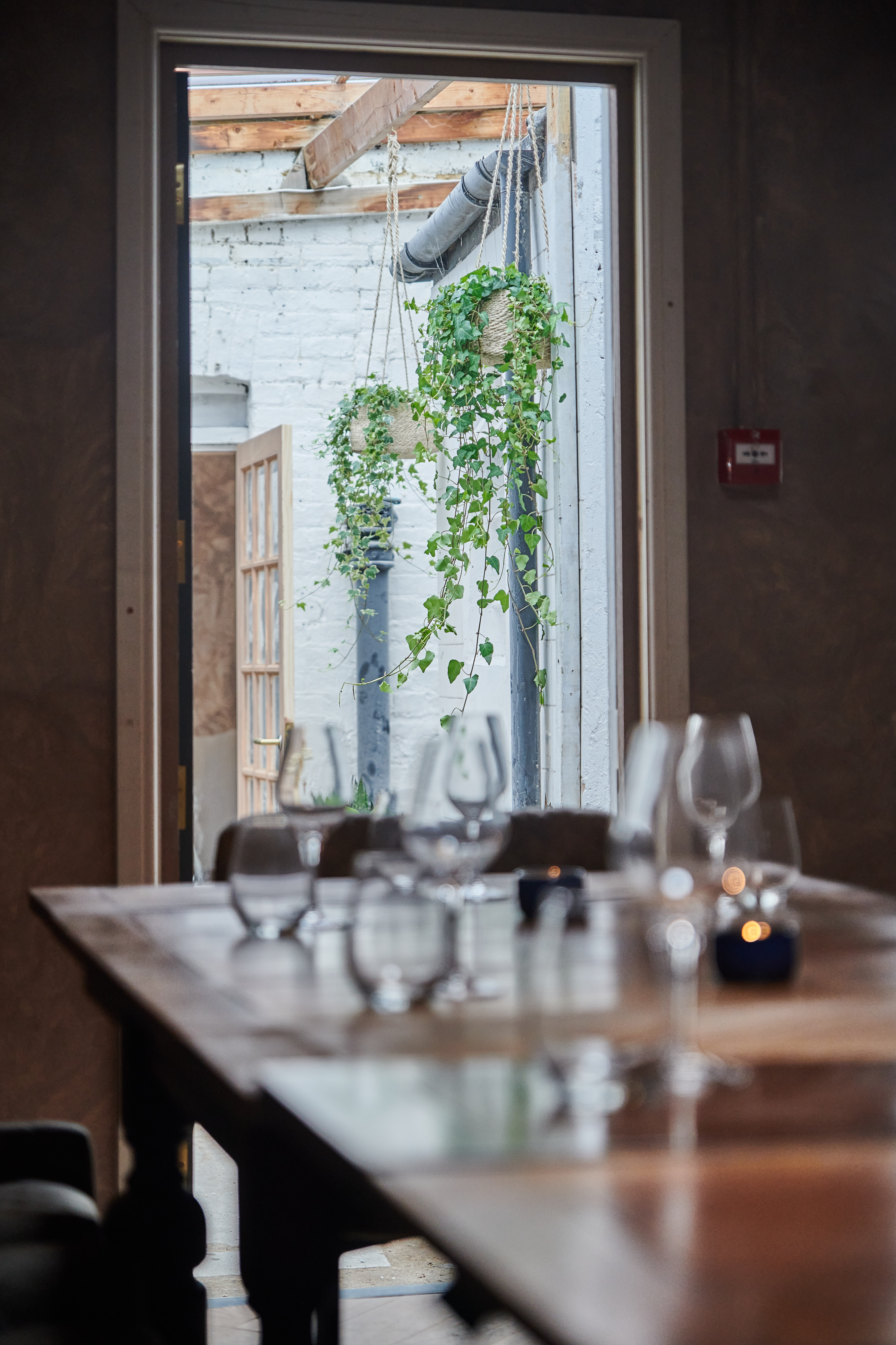 Elegant dining space with lush greenery, ideal for upscale events and gatherings.